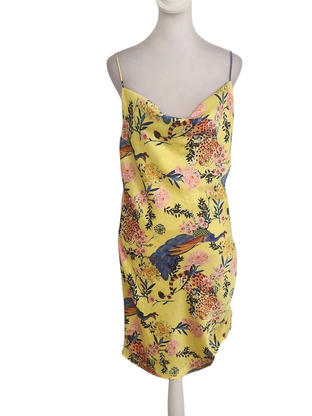 Forever 21 Yellow Satin Floral Print Cowl Neck Slip Dress NWT Sz Medium